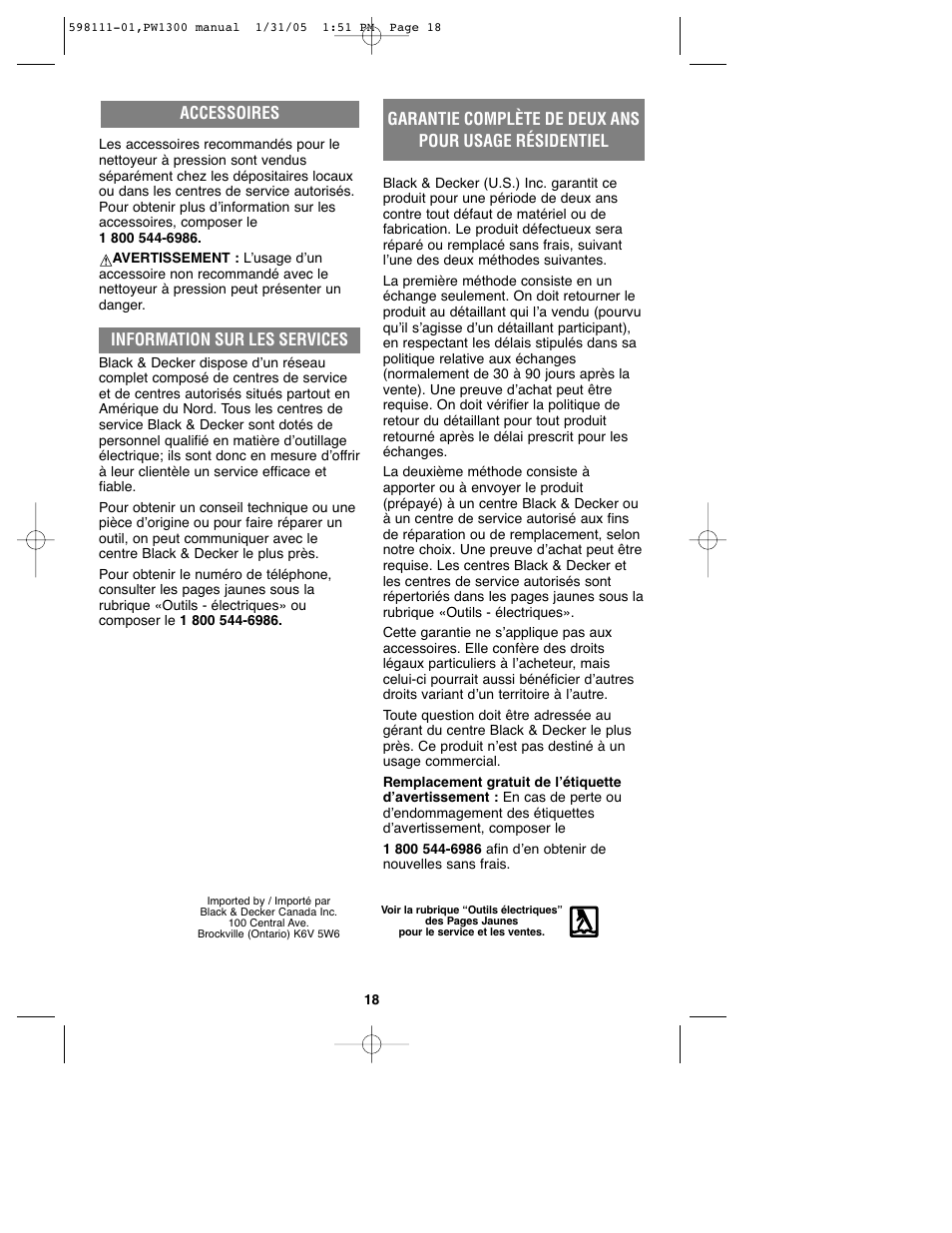 Information sur les services, Accessoires | Black & Decker PW1300 User Manual | Page 18 / 35