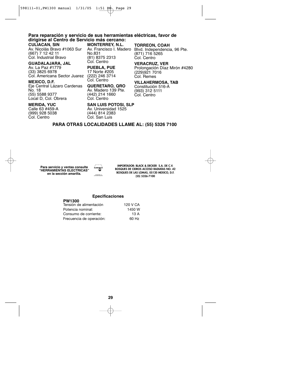 Black & Decker PW1300 User Manual | Page 29 / 35