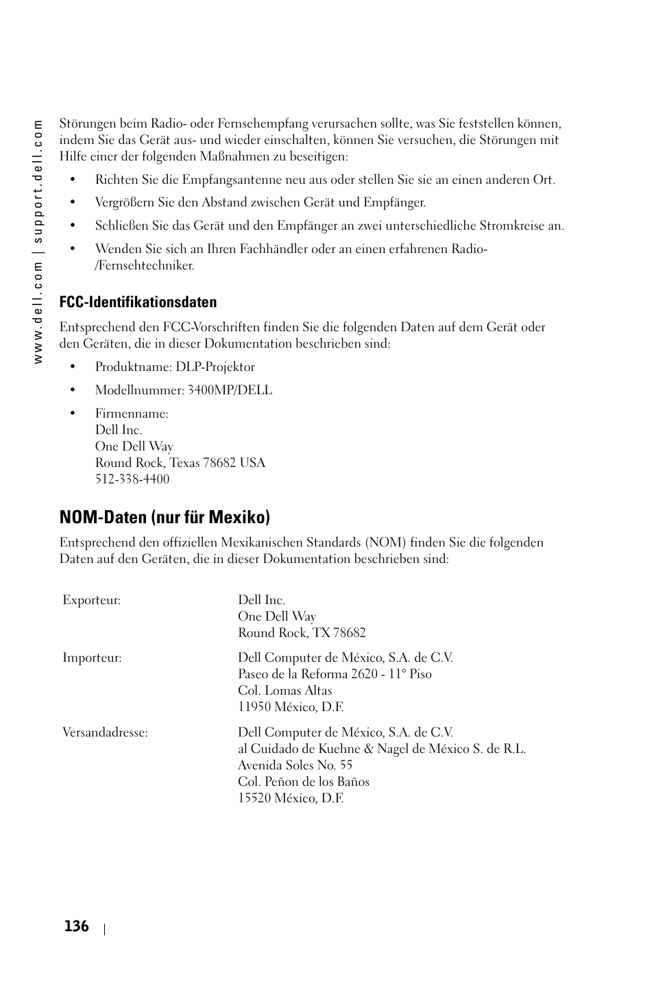 Nom-daten (nur für mexiko) | Dell 3400MP Projector User Manual | Page 136 / 570