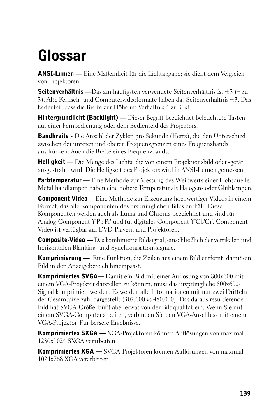 Glossar | Dell 3400MP Projector User Manual | Page 139 / 570