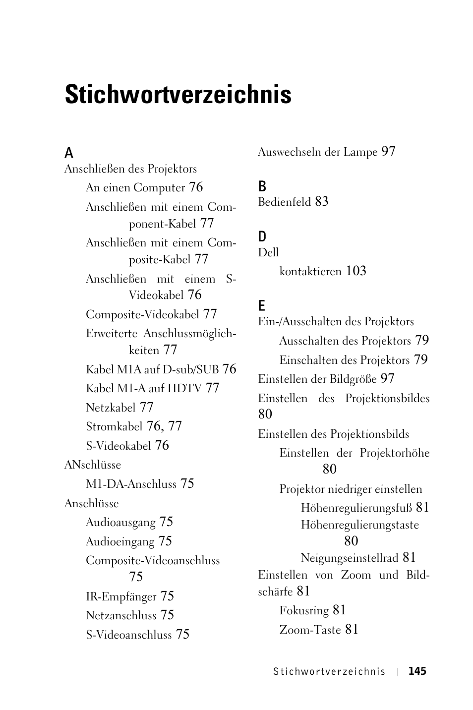 Stichwortverzeichnis | Dell 3400MP Projector User Manual | Page 145 / 570