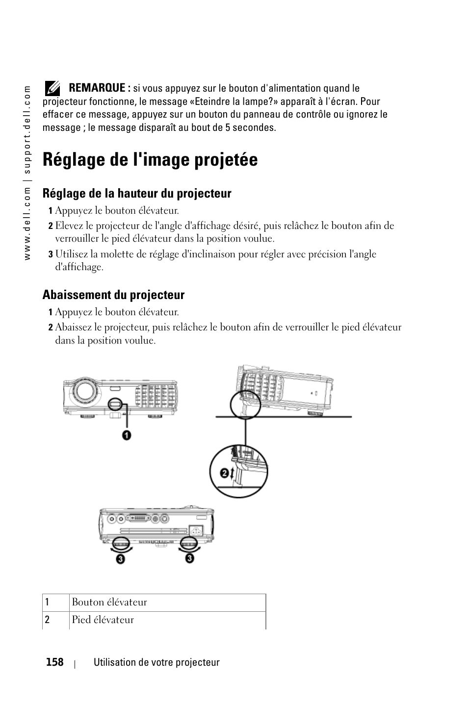 Réglage de l'image projetée, Réglage de la hauteur du projecteur, Abaissement du projecteur | Dell 3400MP Projector User Manual | Page 158 / 570