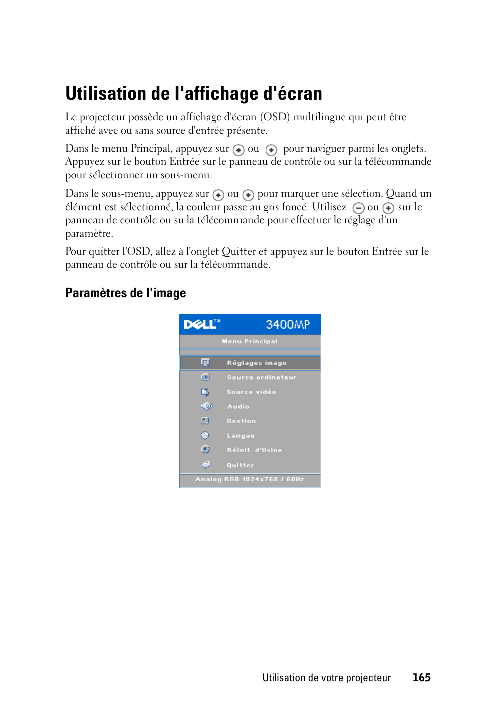 Utilisation de l'affichage d'écran | Dell 3400MP Projector User Manual | Page 165 / 570