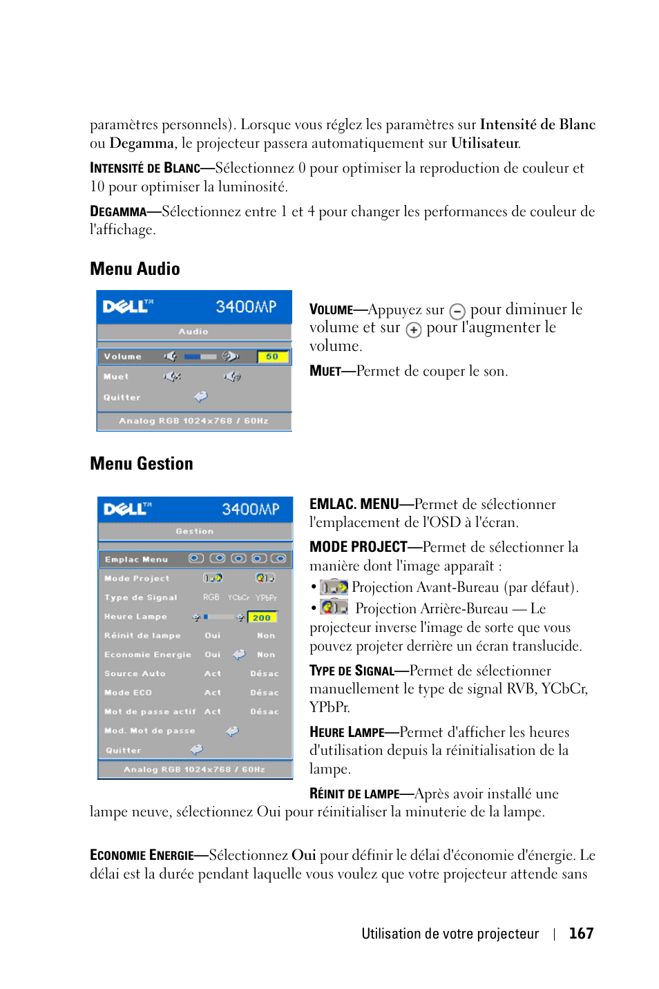 Menu audio, Menu gestion | Dell 3400MP Projector User Manual | Page 167 / 570