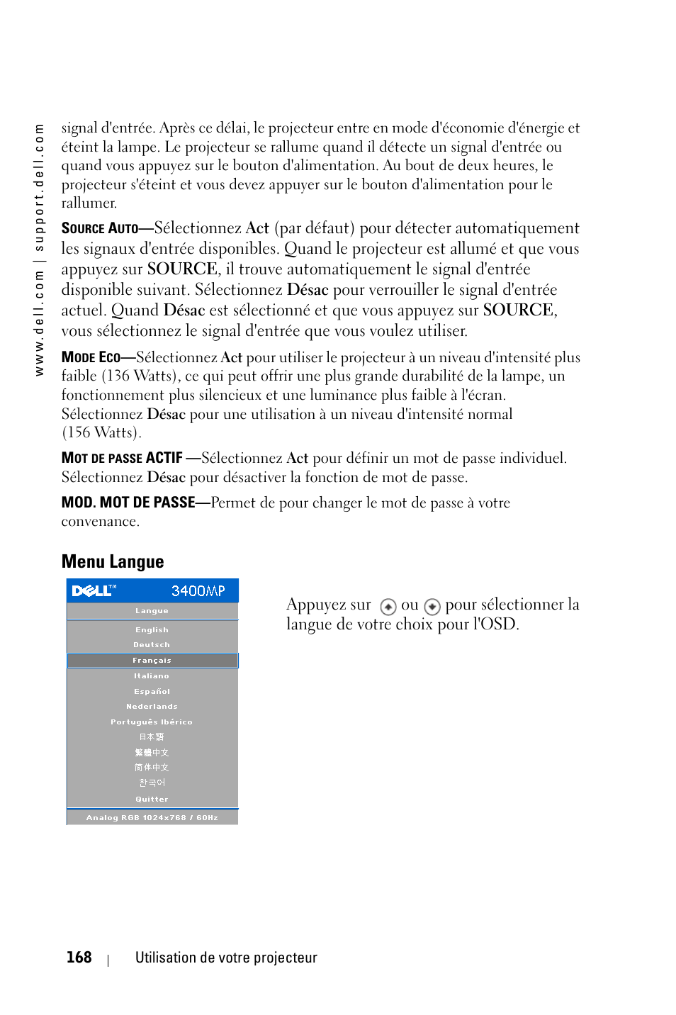 Menu langue | Dell 3400MP Projector User Manual | Page 168 / 570