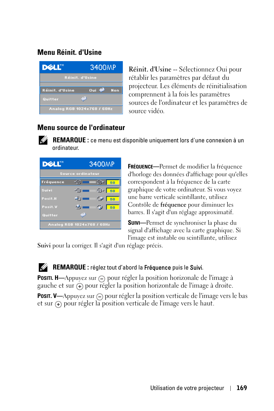 Menu réinit. d'usine, Menu source de l'ordinateur | Dell 3400MP Projector User Manual | Page 169 / 570