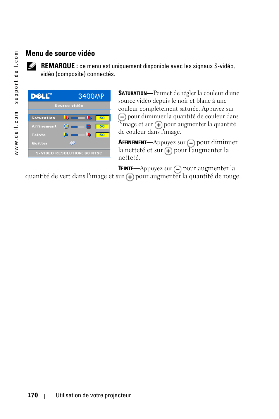 Menu de source vidéo | Dell 3400MP Projector User Manual | Page 170 / 570