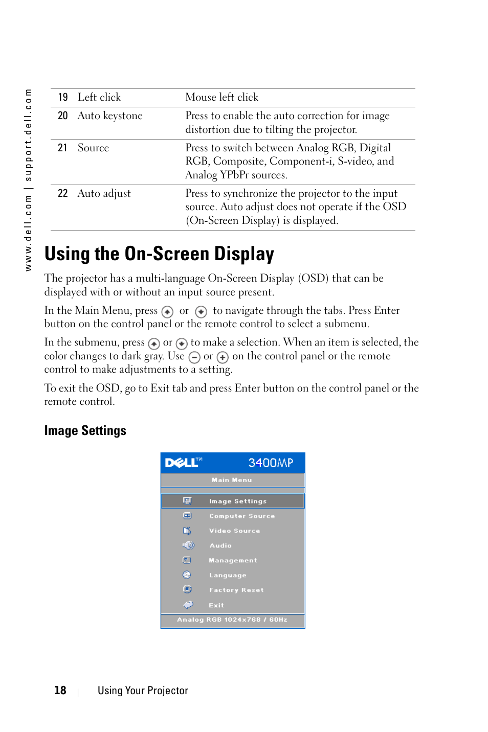 Using the on-screen display, Image settings, Das osd-menü | Ibildeinstellungen, Utilisation de l'affichage d'écran, Paramètres de l'image, Utilizzo del menu a schermo, Impostazioni immagine | Dell 3400MP Projector User Manual | Page 18 / 570