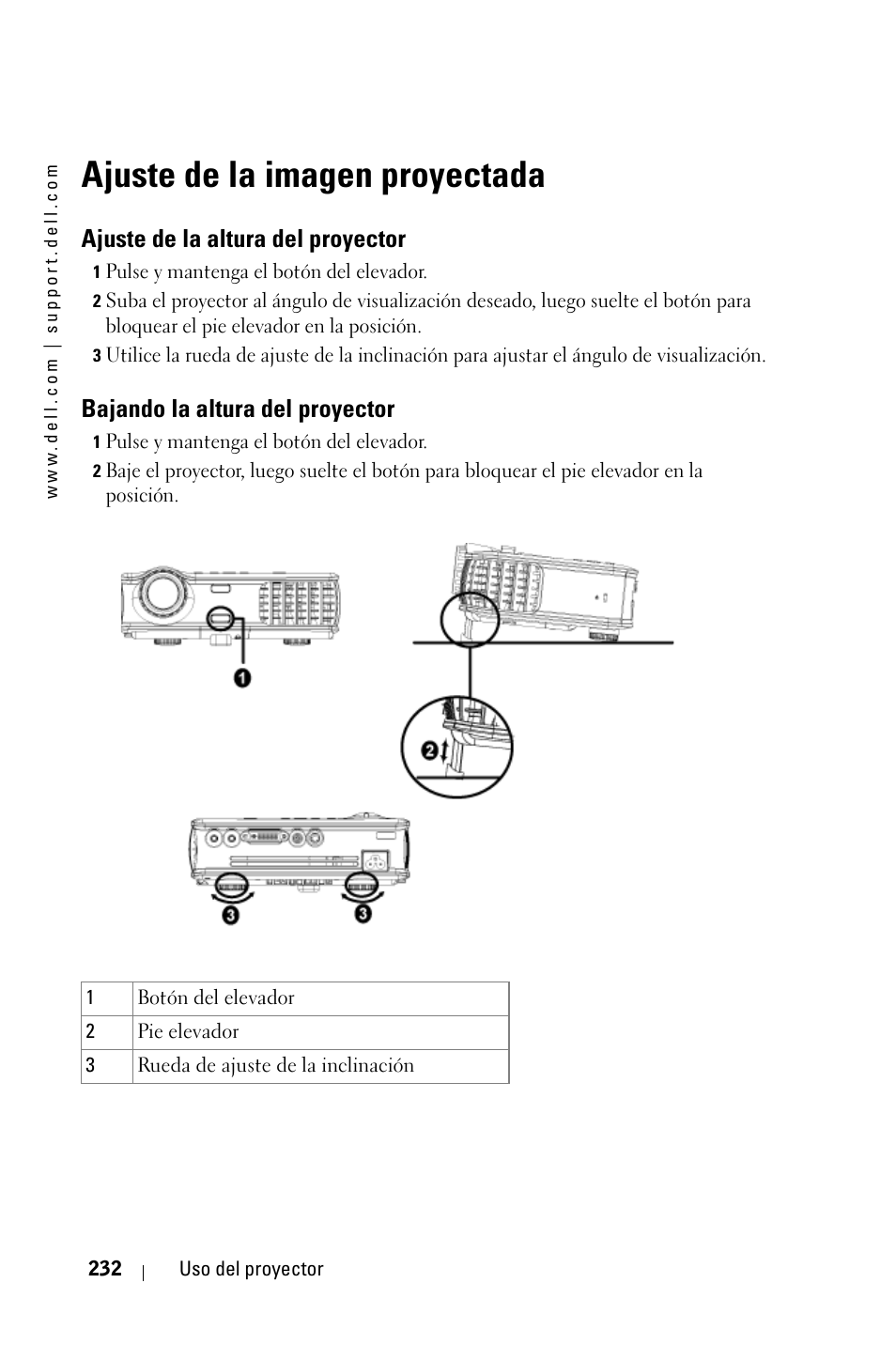 Ajuste de la imagen proyectada, Ajuste de la altura del proyector, Bajando la altura del proyector | Dell 3400MP Projector User Manual | Page 232 / 570