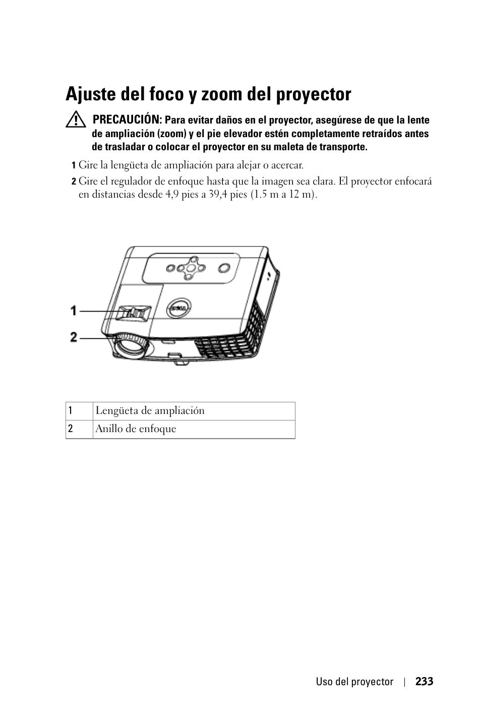 Ajuste del foco y zoom del proyector | Dell 3400MP Projector User Manual | Page 233 / 570