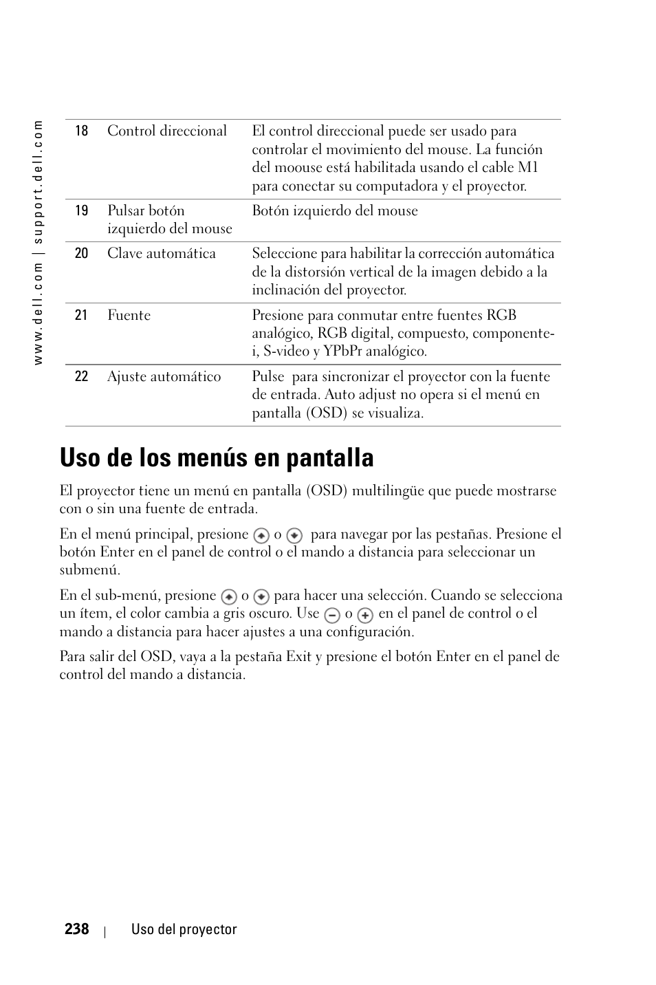 Uso de los menús en pantalla | Dell 3400MP Projector User Manual | Page 238 / 570