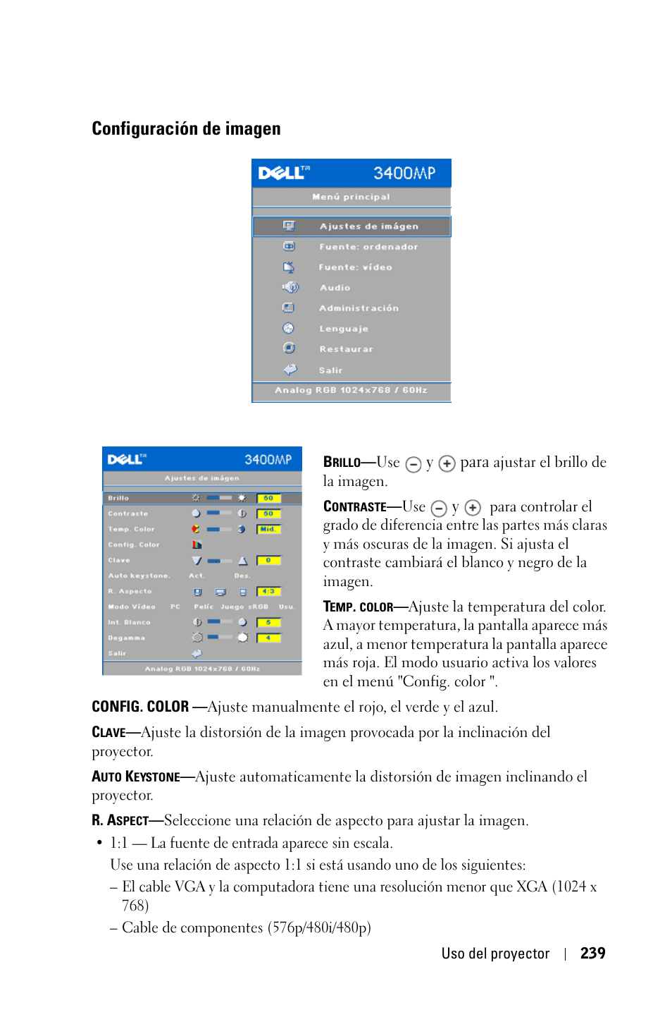 Configuración de imagen | Dell 3400MP Projector User Manual | Page 239 / 570