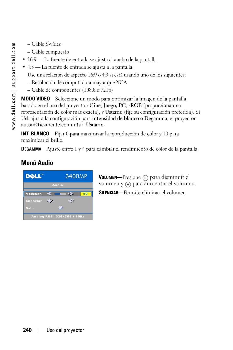 Menú audio | Dell 3400MP Projector User Manual | Page 240 / 570