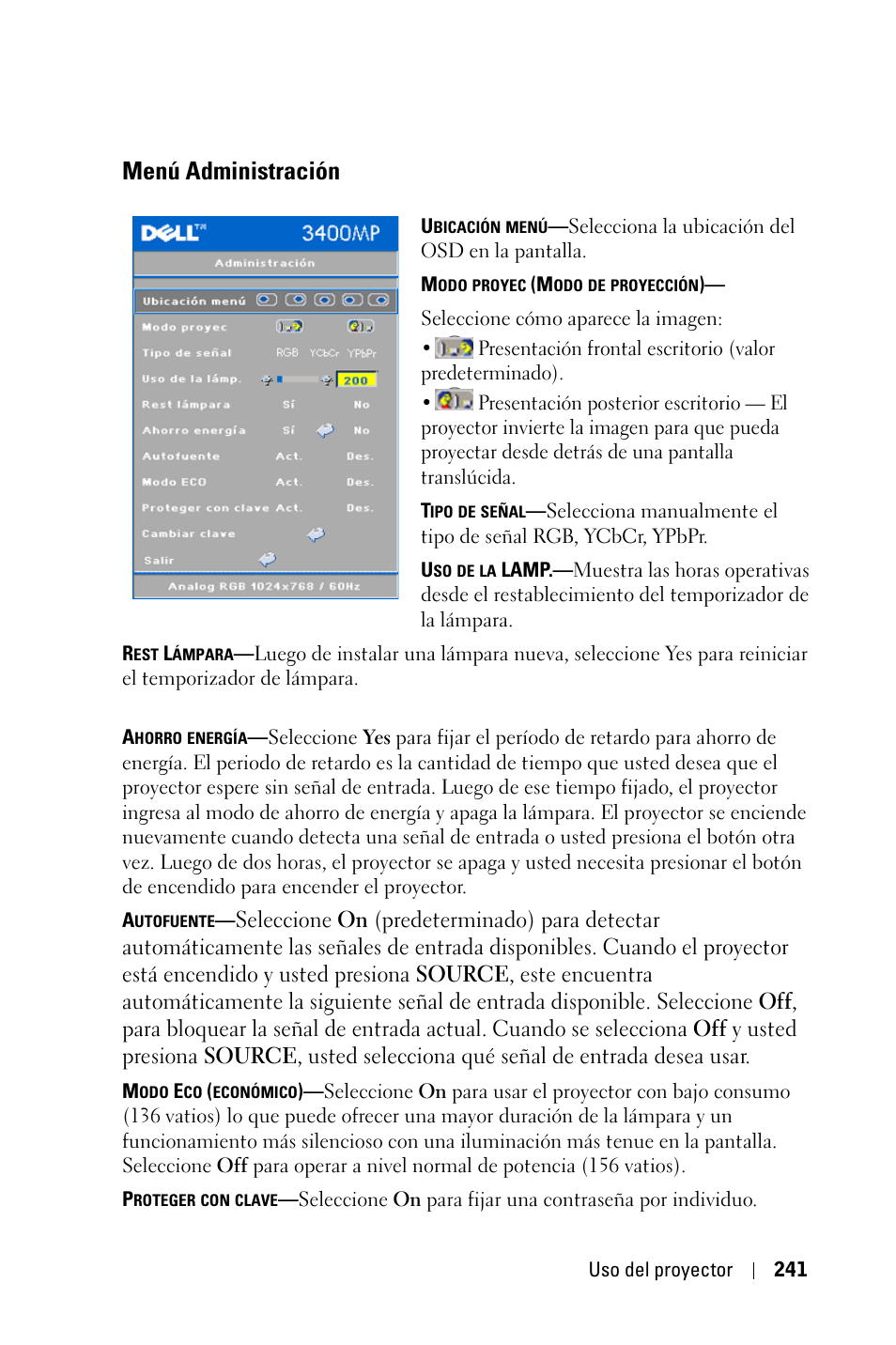 Menú administración | Dell 3400MP Projector User Manual | Page 241 / 570