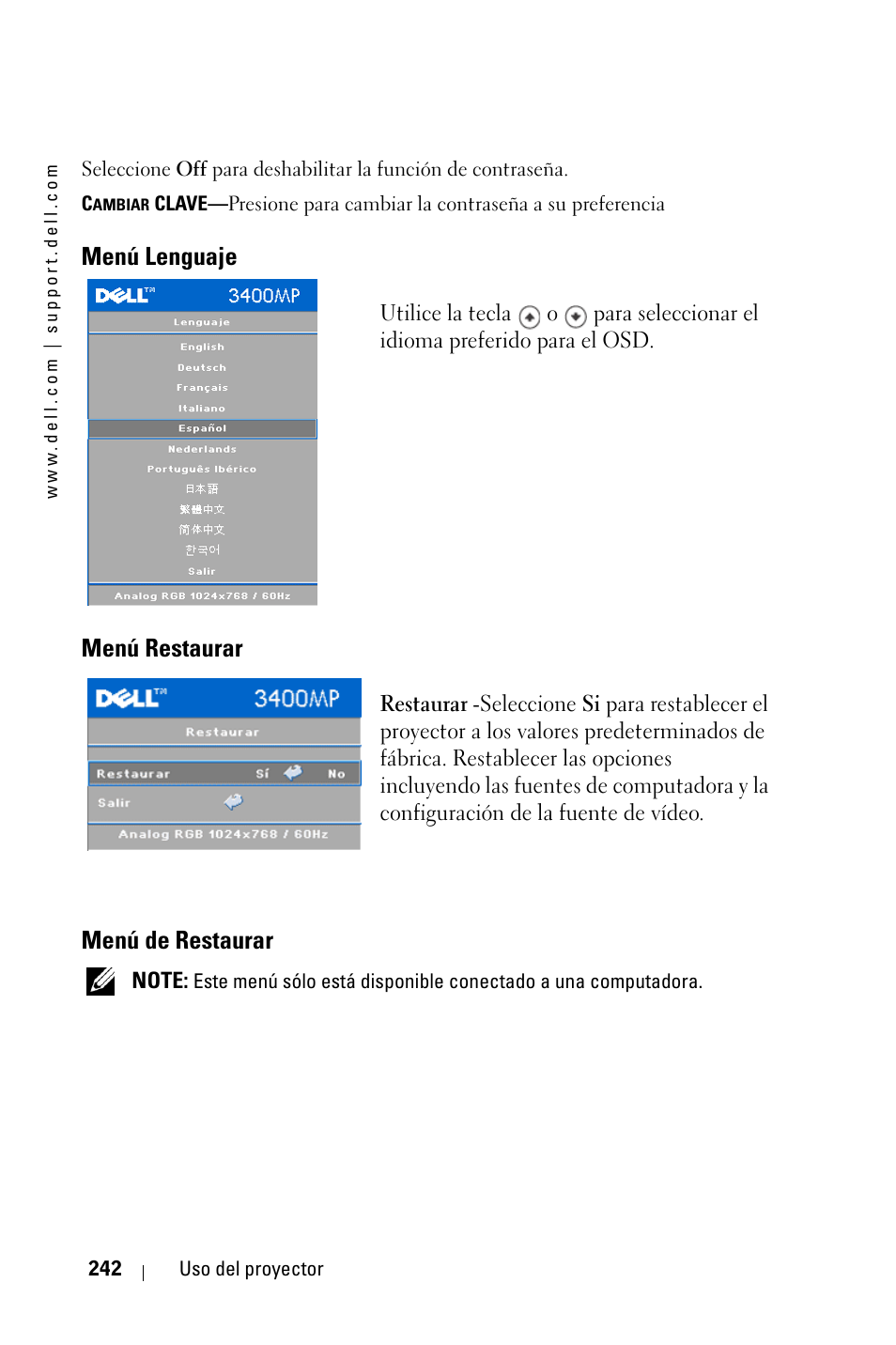 Menú lenguaje, Menú restaurar, Menú de restaurar | Dell 3400MP Projector User Manual | Page 242 / 570