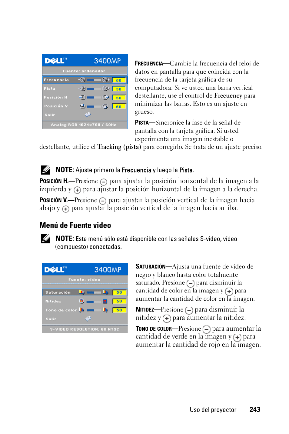 Menú de fuente video | Dell 3400MP Projector User Manual | Page 243 / 570