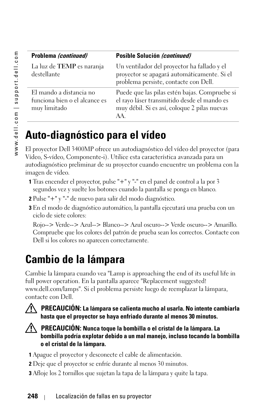 Auto-diagnóstico para el vídeo, Cambio de la lámpara, Lte "cambio de la lámpara | Auto-diagnóstico para el vídeo" on | Dell 3400MP Projector User Manual | Page 248 / 570