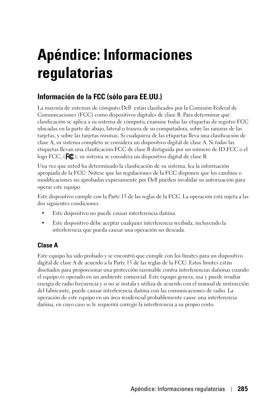 Apéndice: informaciones regulatorias, Información de la fcc (sólo para ee.uu.) | Dell 3400MP Projector User Manual | Page 285 / 570