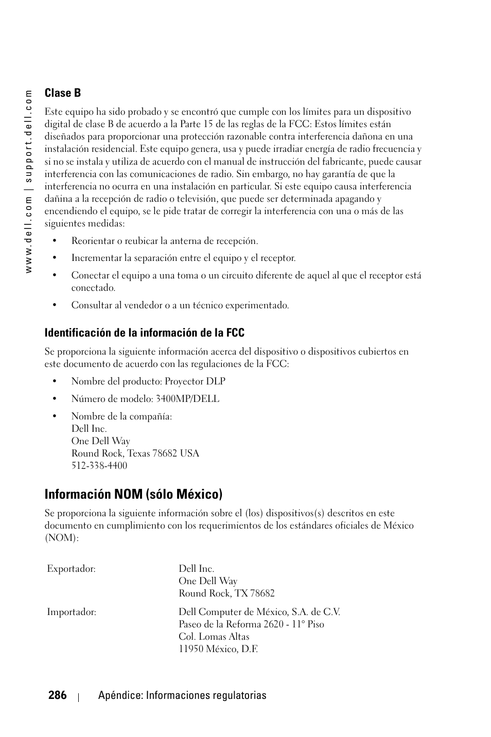 Información nom (sólo méxico) | Dell 3400MP Projector User Manual | Page 286 / 570