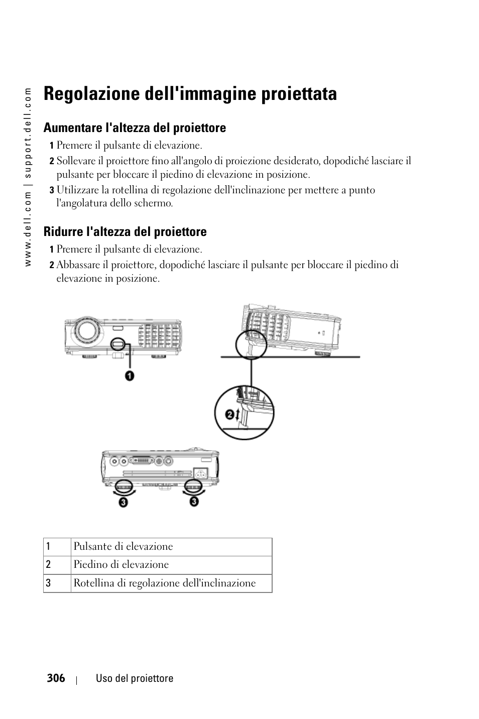 Regolazione dell'immagine proiettata, Aumentare l'altezza del proiettore, Ridurre l'altezza del proiettore | Dell 3400MP Projector User Manual | Page 306 / 570