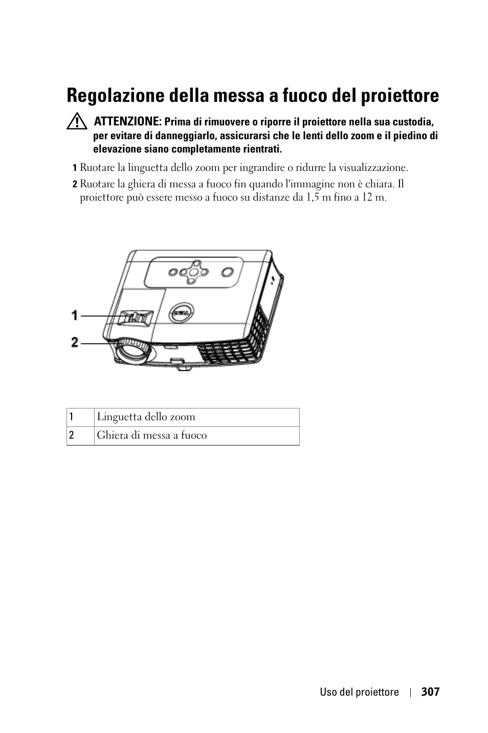 Regolazione della messa a fuoco del proiettore | Dell 3400MP Projector User Manual | Page 307 / 570