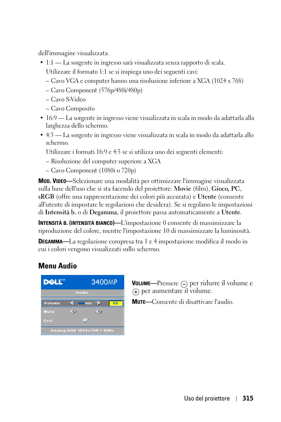 Menu audio | Dell 3400MP Projector User Manual | Page 315 / 570