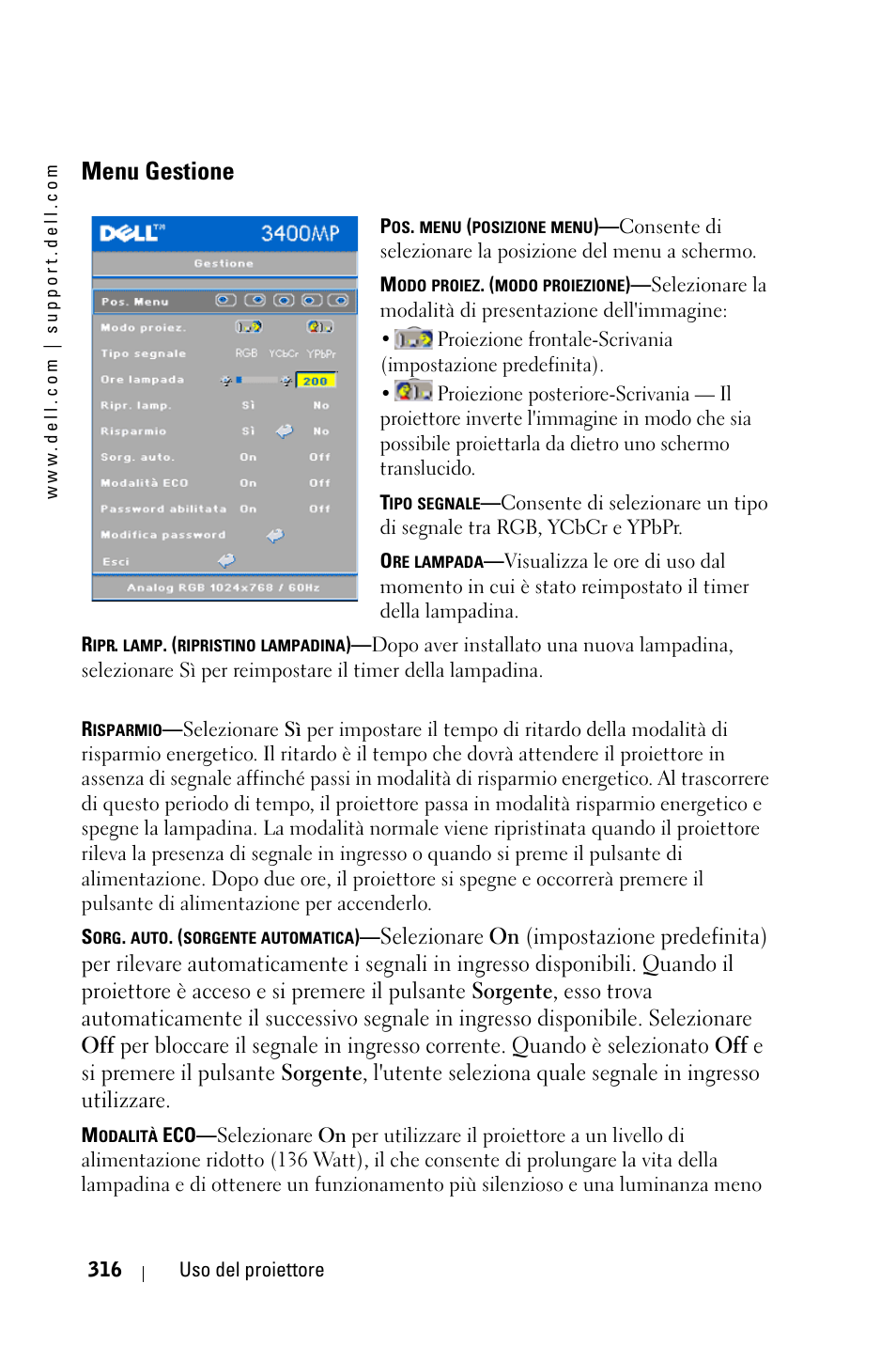 Menu gestione | Dell 3400MP Projector User Manual | Page 316 / 570