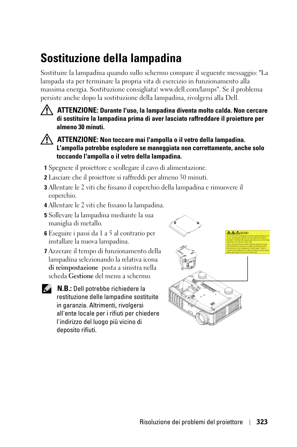 Sostituzione della lampadina | Dell 3400MP Projector User Manual | Page 323 / 570