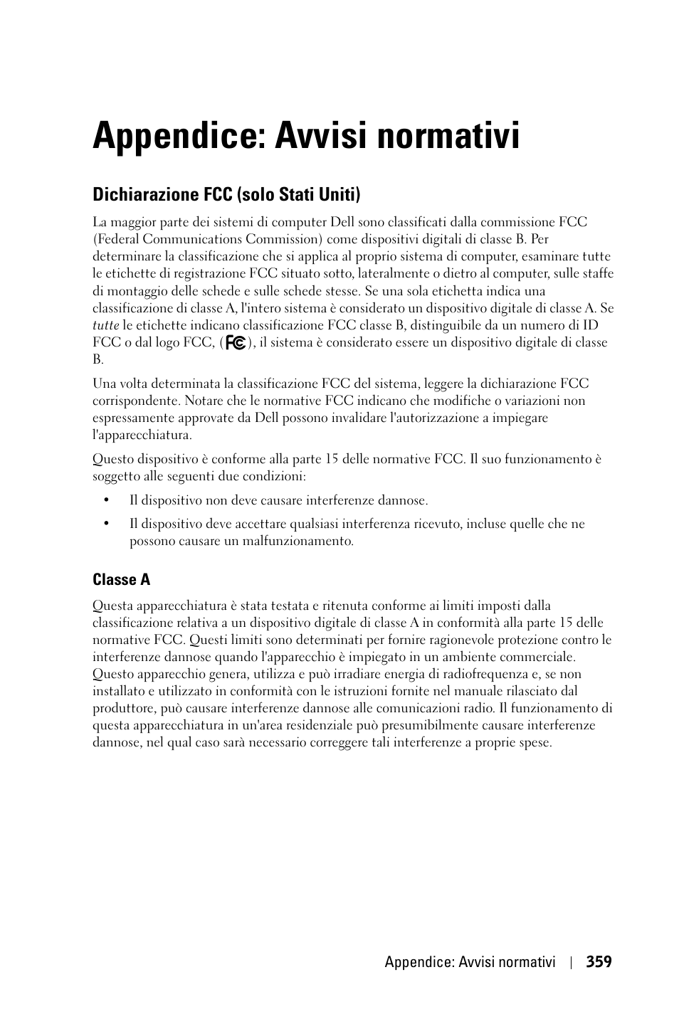 Appendice: avvisi normativi, Dichiarazione fcc (solo stati uniti) | Dell 3400MP Projector User Manual | Page 359 / 570