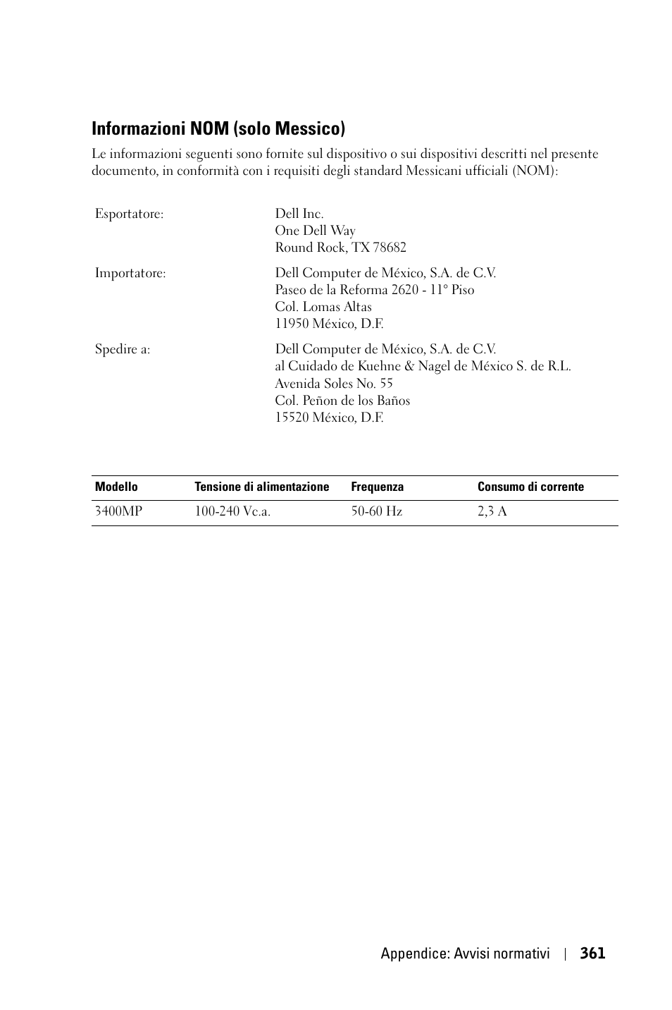 Informazioni nom (solo messico) | Dell 3400MP Projector User Manual | Page 361 / 570