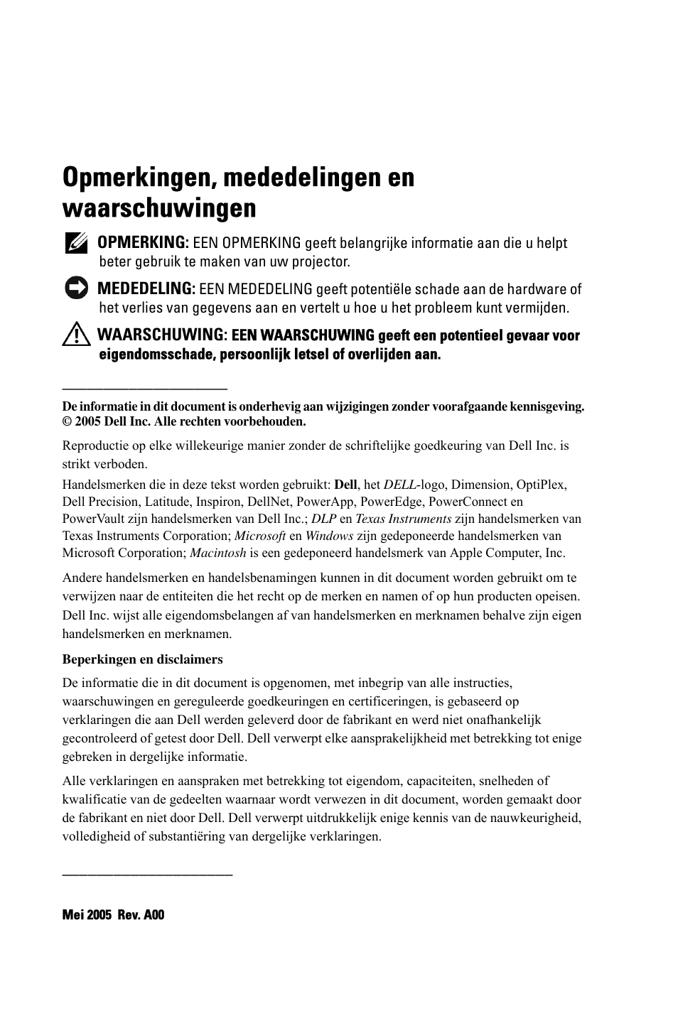 Opmerkingen, mededelingen en waarschuwingen | Dell 3400MP Projector User Manual | Page 370 / 570