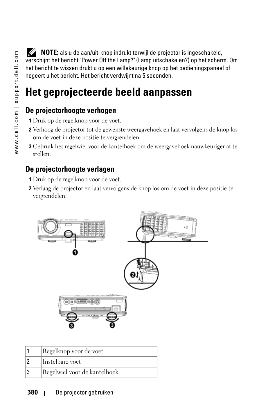 Het geprojecteerde beeld aanpassen, De projectorhoogte verhogen, De projectorhoogte verlagen | Dell 3400MP Projector User Manual | Page 380 / 570