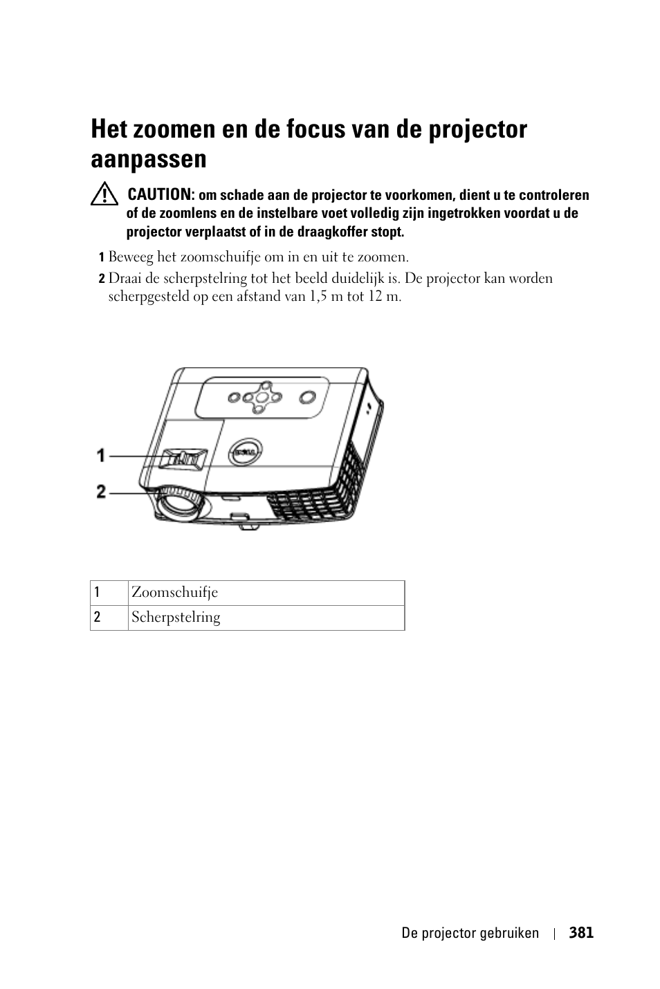 Het zoomen en de focus van de projector aanpassen | Dell 3400MP Projector User Manual | Page 381 / 570