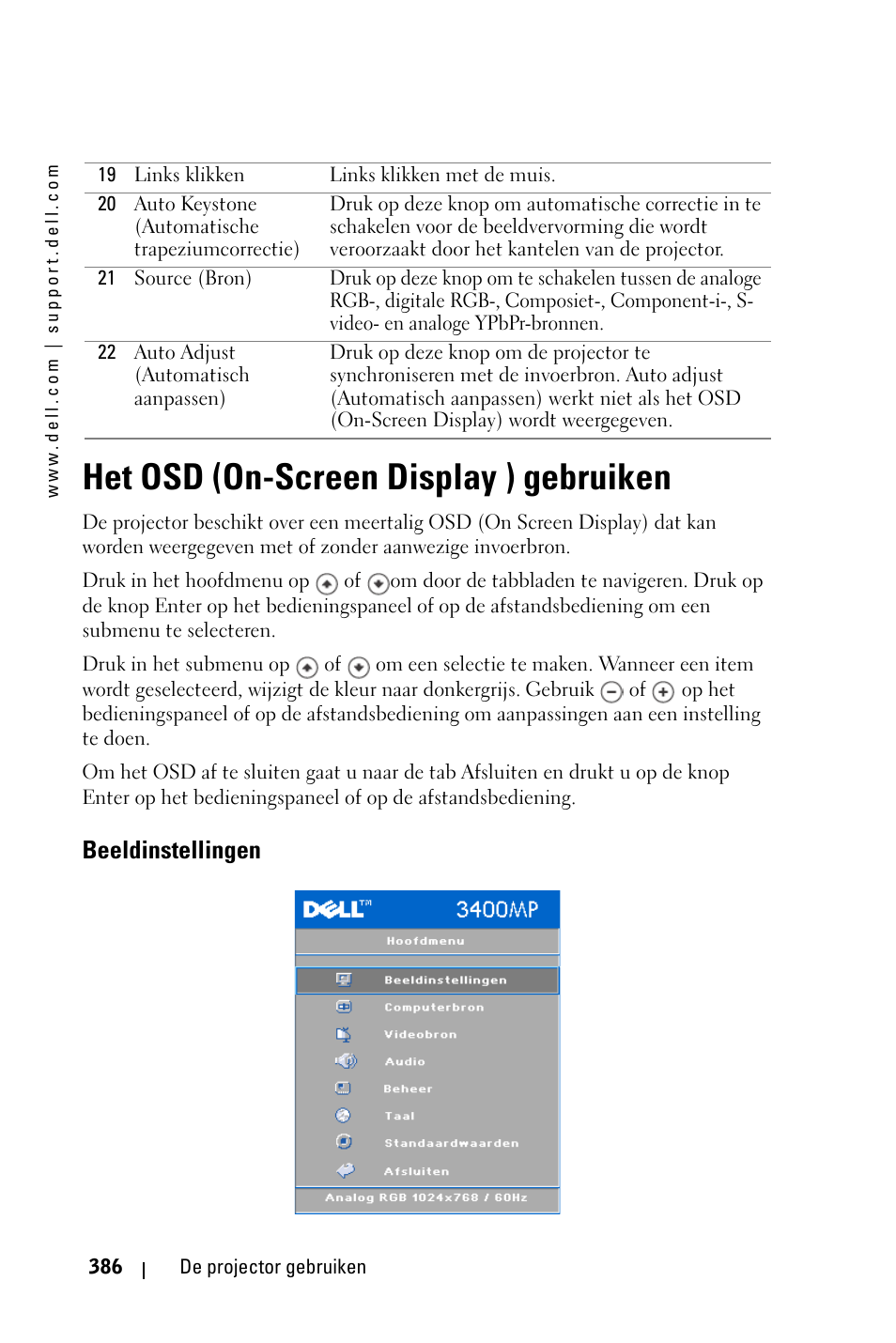 Het osd (on-screen display ) gebruiken, Beeldinstellingen | Dell 3400MP Projector User Manual | Page 386 / 570