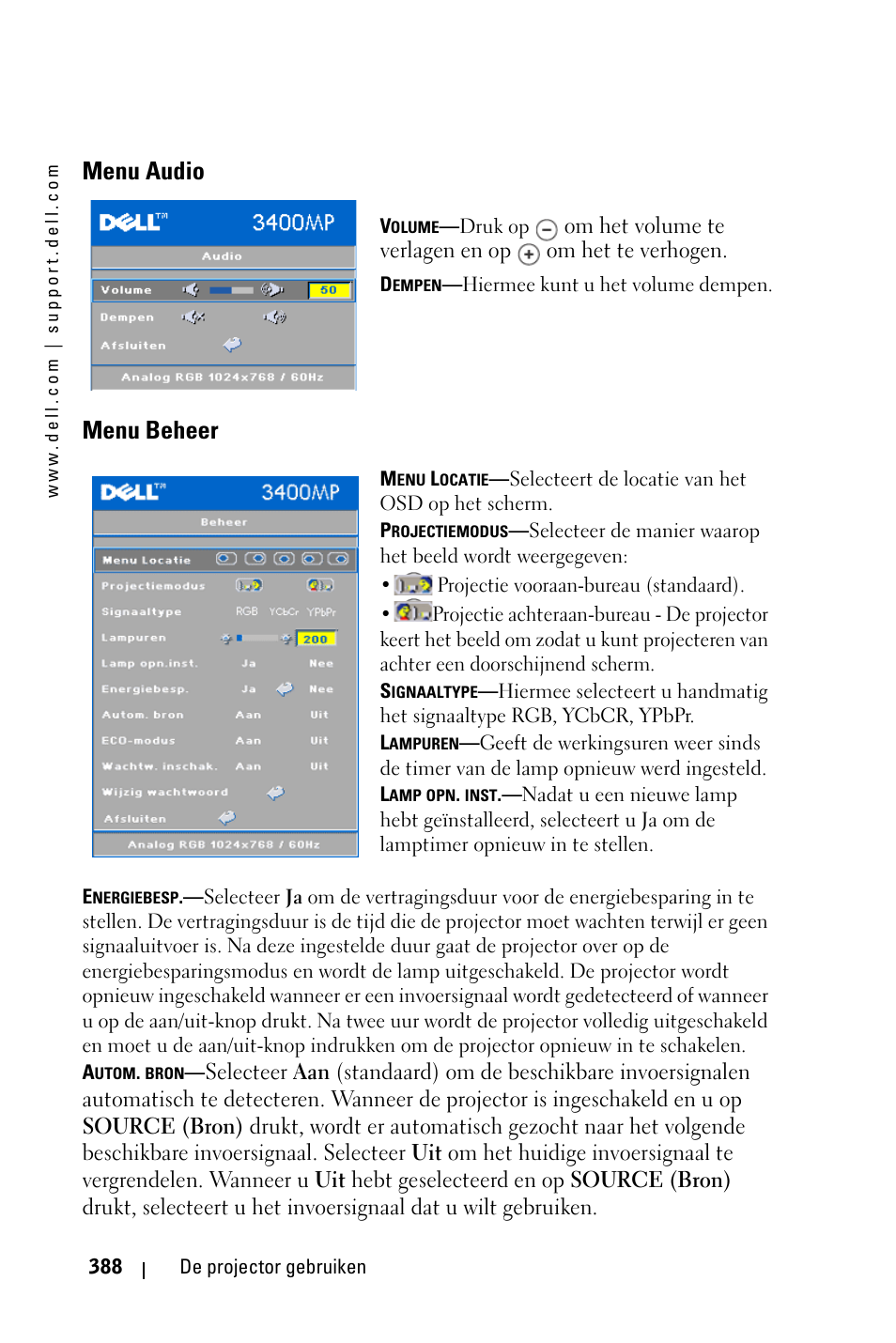 Menu audio, Menu beheer | Dell 3400MP Projector User Manual | Page 388 / 570
