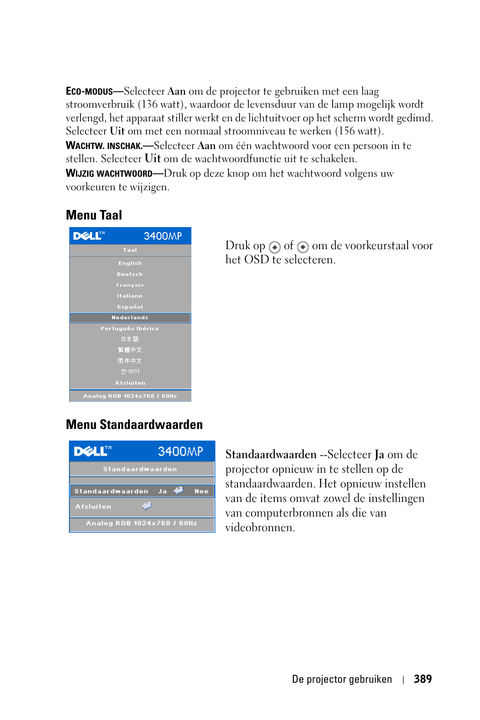 Menu taal, Menu standaardwaarden | Dell 3400MP Projector User Manual | Page 389 / 570