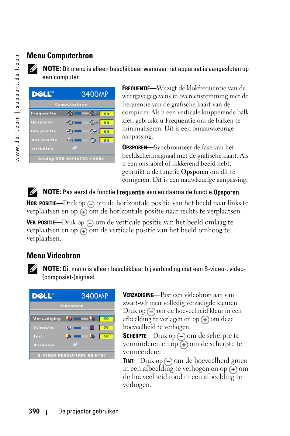 Menu computerbron, Menu videobron | Dell 3400MP Projector User Manual | Page 390 / 570