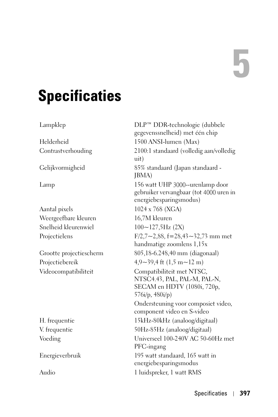 Specificaties | Dell 3400MP Projector User Manual | Page 397 / 570