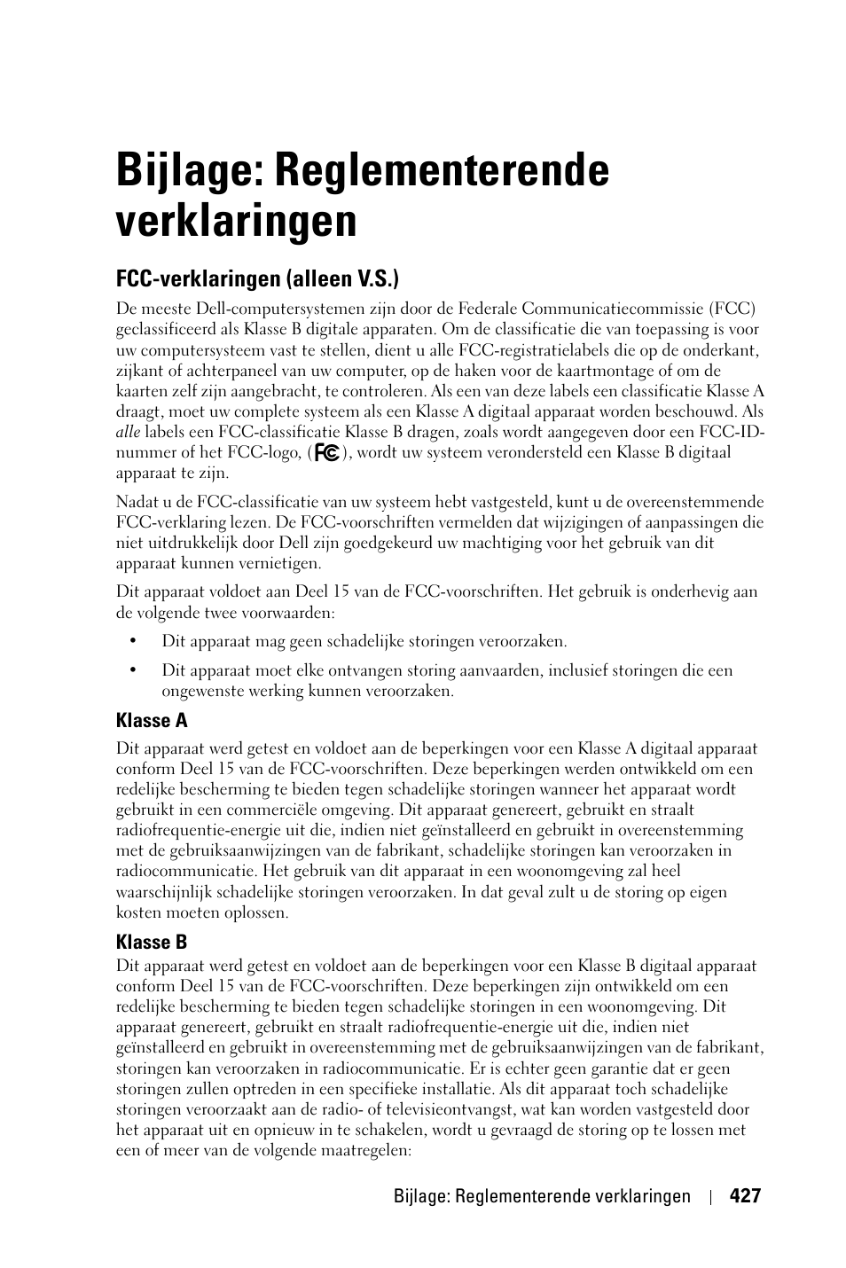 Bijlage: reglementerende verklaringen, Fcc-verklaringen (alleen v.s.) | Dell 3400MP Projector User Manual | Page 427 / 570
