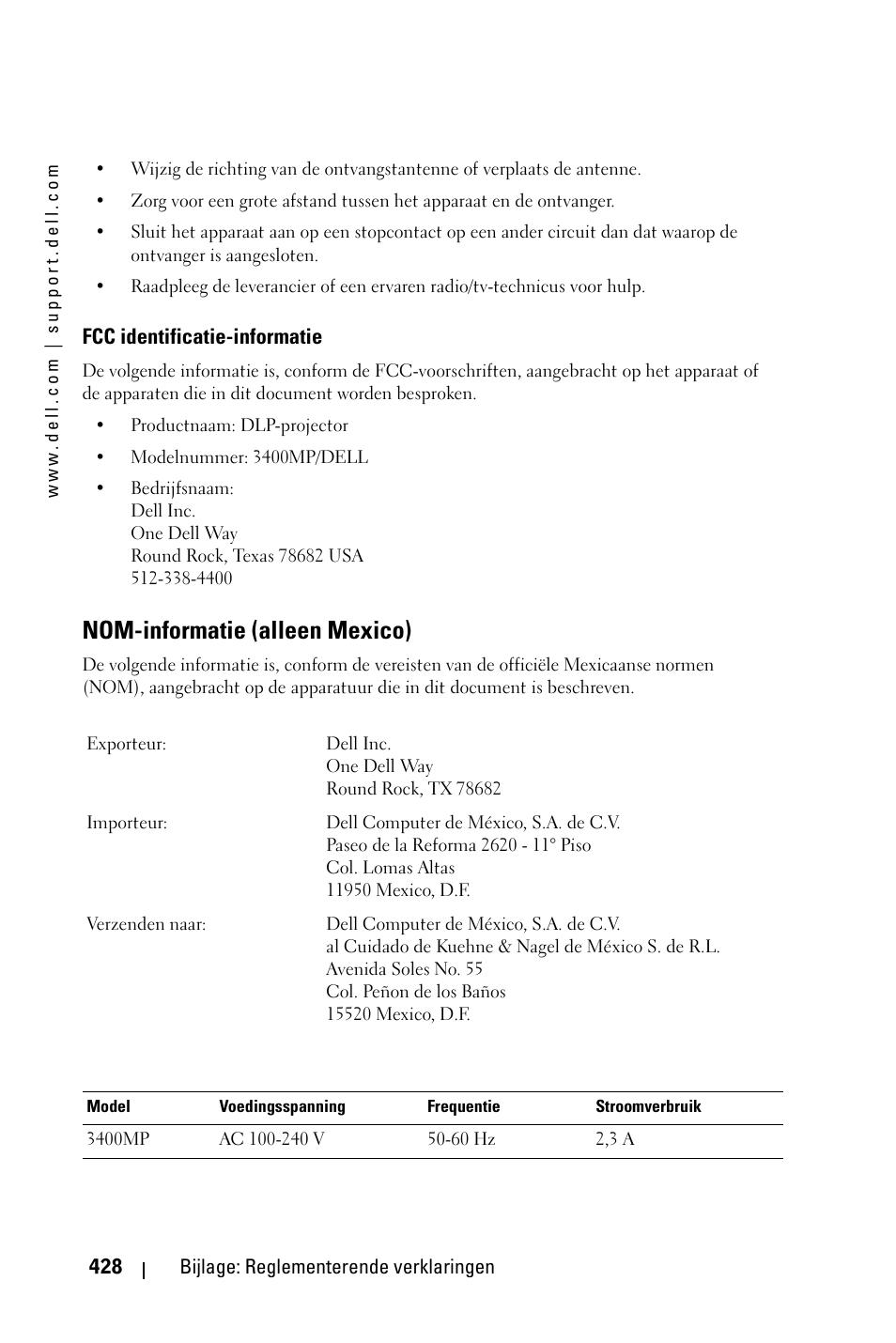 Nom-informatie (alleen mexico) | Dell 3400MP Projector User Manual | Page 428 / 570