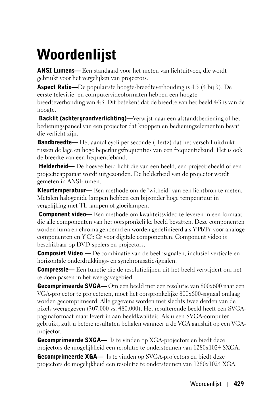 Woordenlijst | Dell 3400MP Projector User Manual | Page 429 / 570