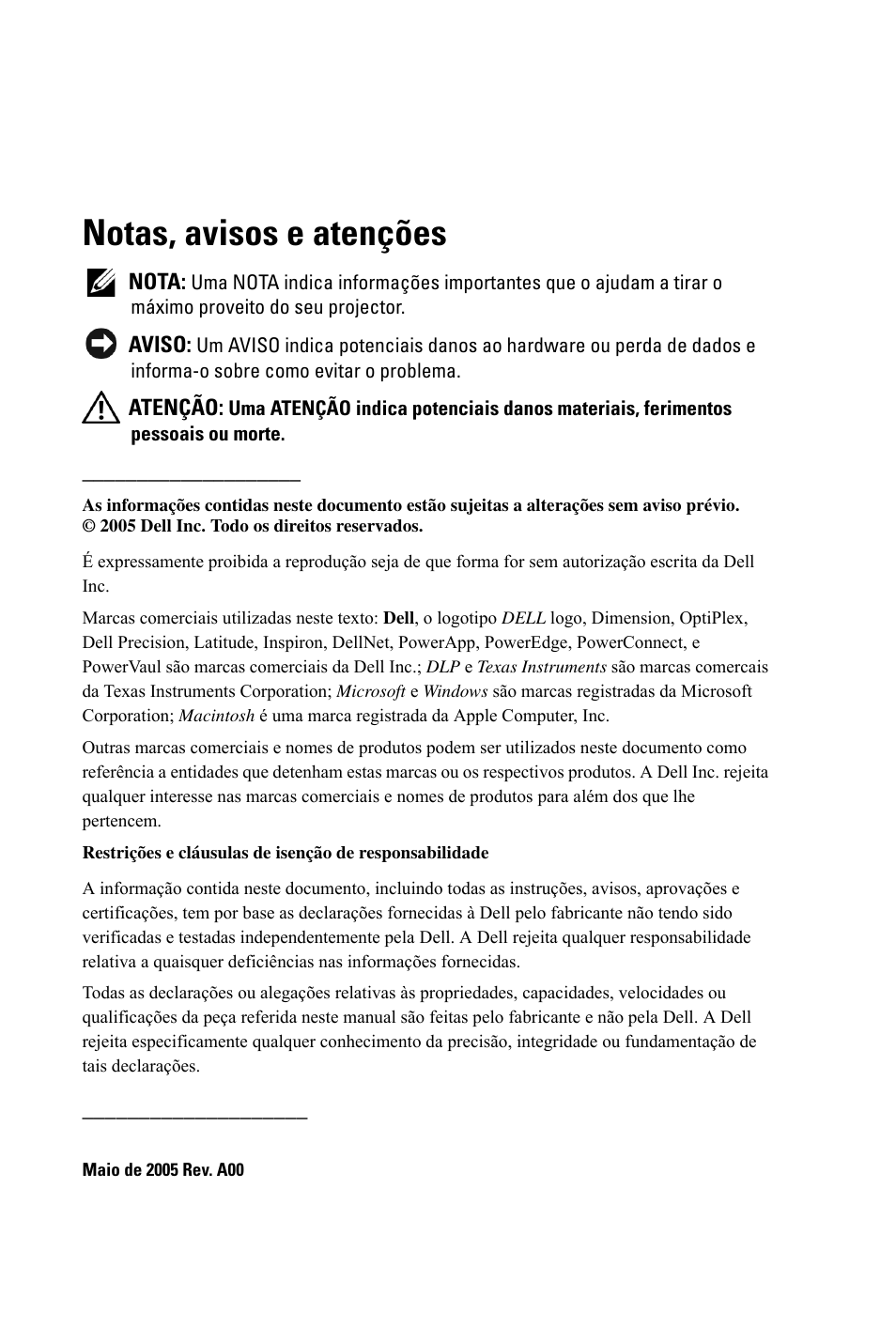 Notas, avisos e atenções | Dell 3400MP Projector User Manual | Page 504 / 570