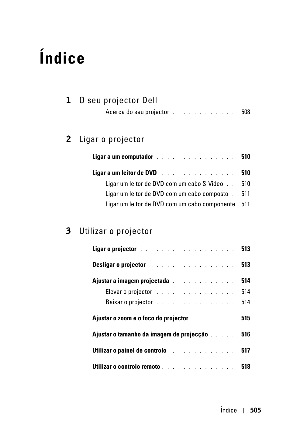 Índice, 1o seu projector dell, 2ligar o projector | 3utilizar o projector | Dell 3400MP Projector User Manual | Page 505 / 570