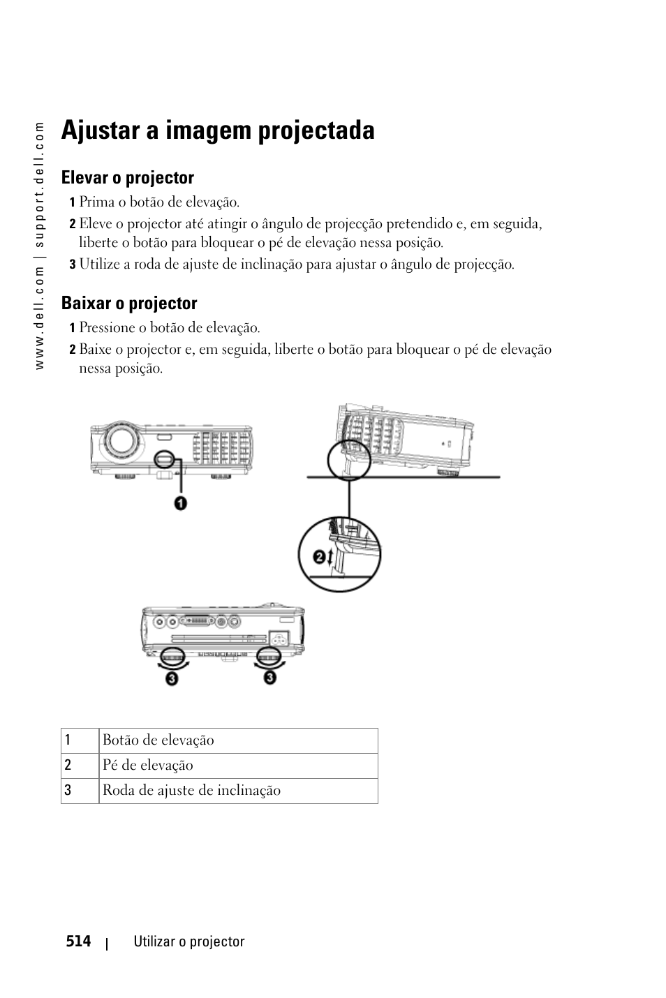 Ajustar a imagem projectada, Elevar o projector, Baixar o projector | Dell 3400MP Projector User Manual | Page 514 / 570