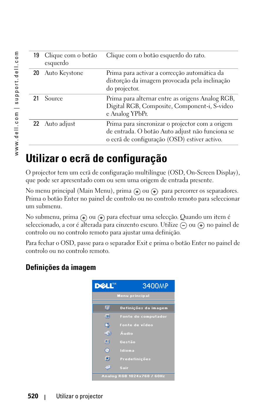 Utilizar o ecrã de configuração, Definições da imagem | Dell 3400MP Projector User Manual | Page 520 / 570