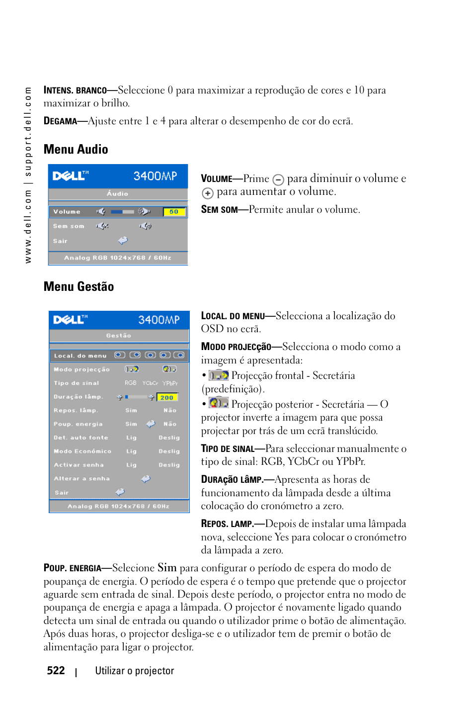 Menu audio, Menu gestão | Dell 3400MP Projector User Manual | Page 522 / 570