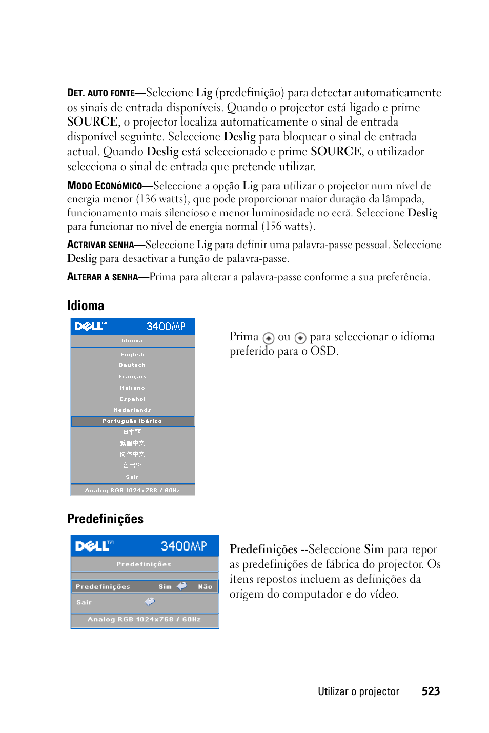 Idioma, Predefinições | Dell 3400MP Projector User Manual | Page 523 / 570