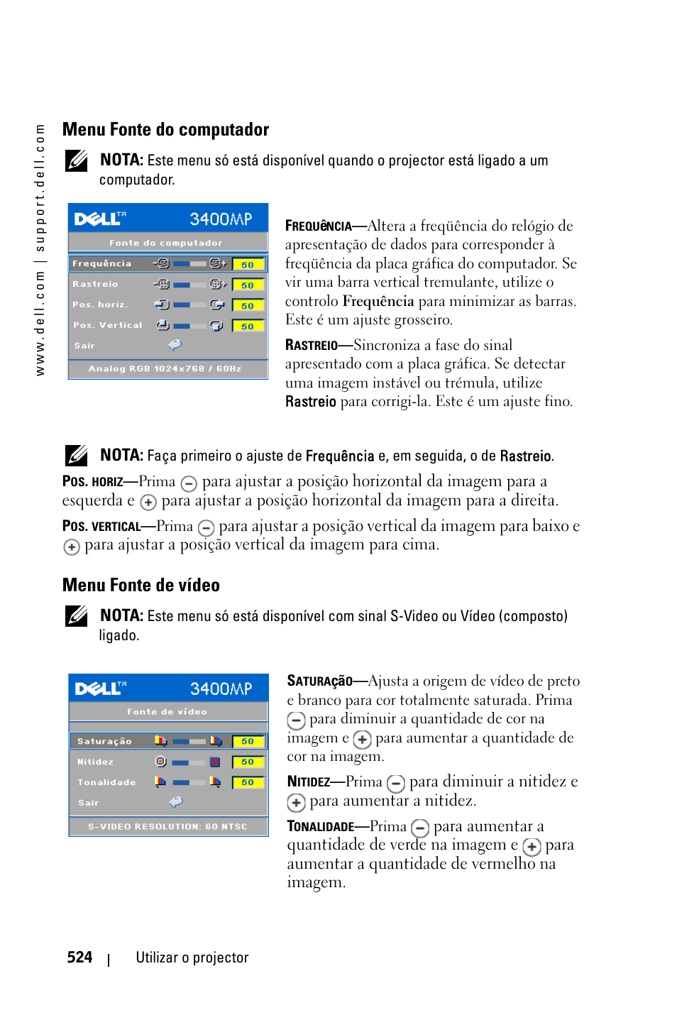 Menu fonte do computador, Menu fonte de vídeo | Dell 3400MP Projector User Manual | Page 524 / 570