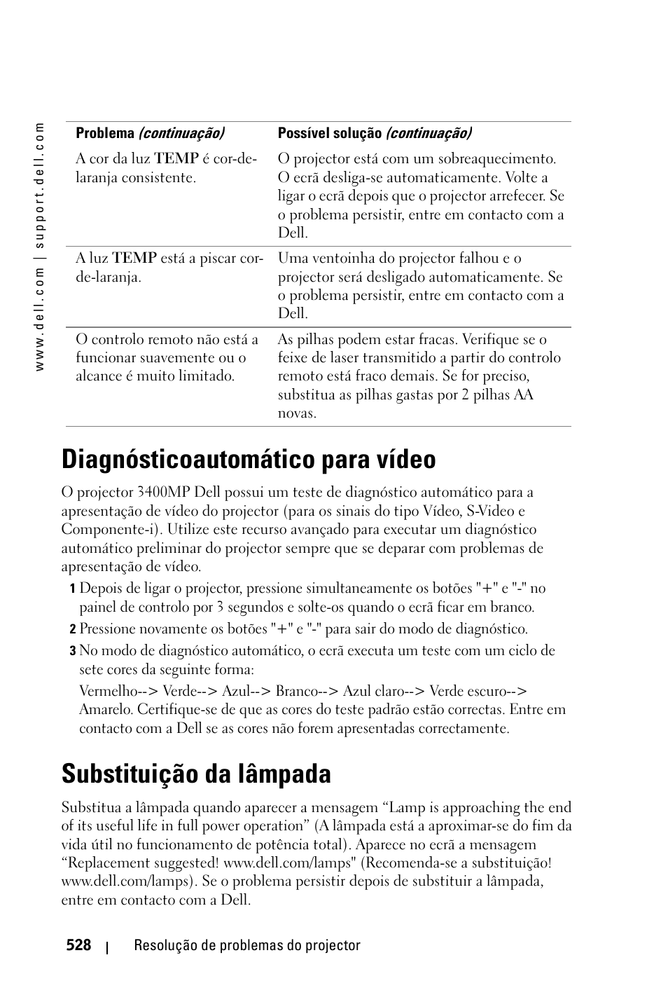 Diagnósticoautomático para vídeo, Substituição da lâmpada | Dell 3400MP Projector User Manual | Page 528 / 570