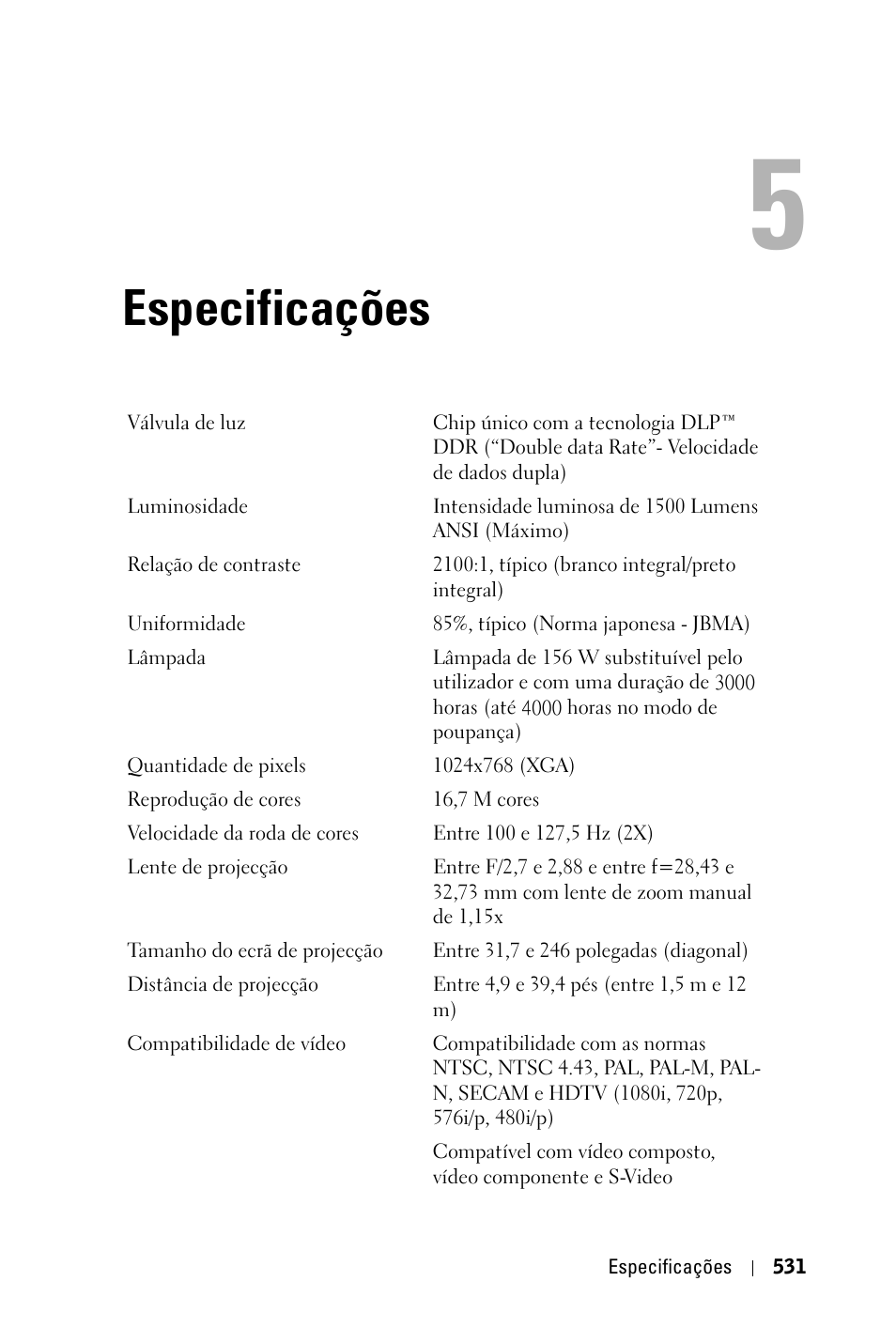 Especificações | Dell 3400MP Projector User Manual | Page 531 / 570